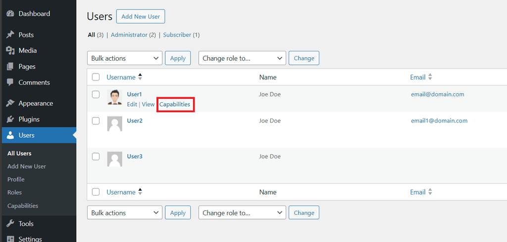WordPress Users list showing the Capabilities option for editing individual user permissions