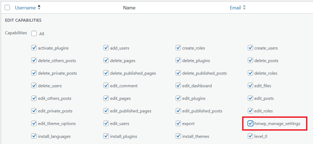 User Capabilities Editor showing the hmwp_manage_settings capability checked for a specific user