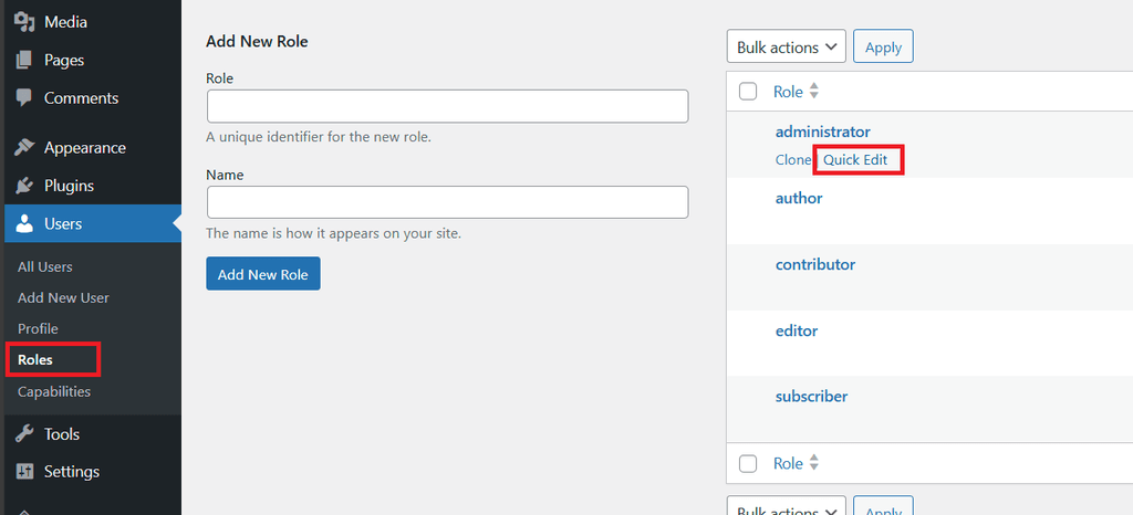 WordPress Roles list showing Quick Edit option for the Administrator role