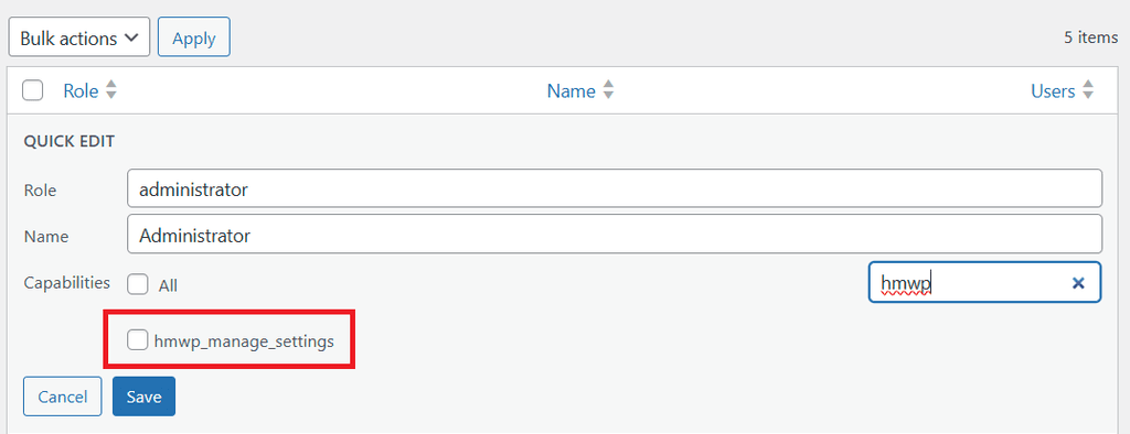 Administrator role capabilities with hmwp_manage_settings unchecked to hide WP Ghost from all admins