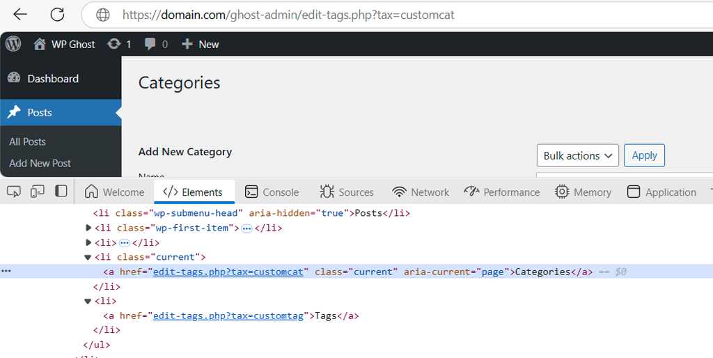 WordPress admin dashboard showing customized URL parameters in the address bar after Admin Mapping configuration