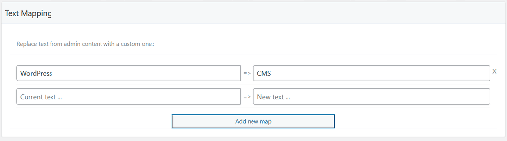 WP Ghost Admin Mapping Text Mapping section showing text replacement fields for the admin dashboard