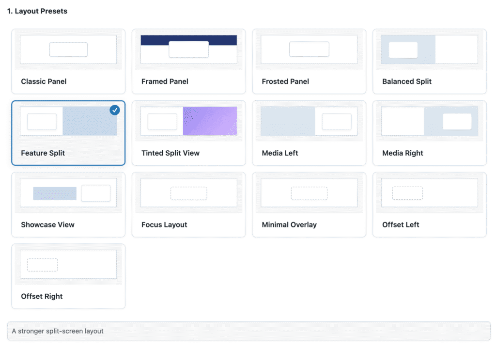 WP Ghost login page layout presets with 13 design options