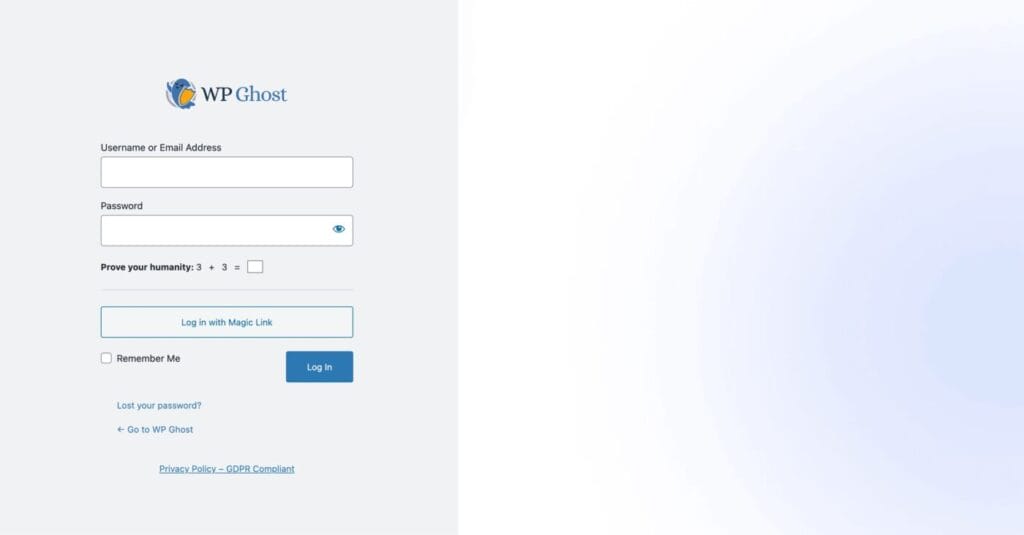 Example of a branded WordPress login page created with WP Ghost