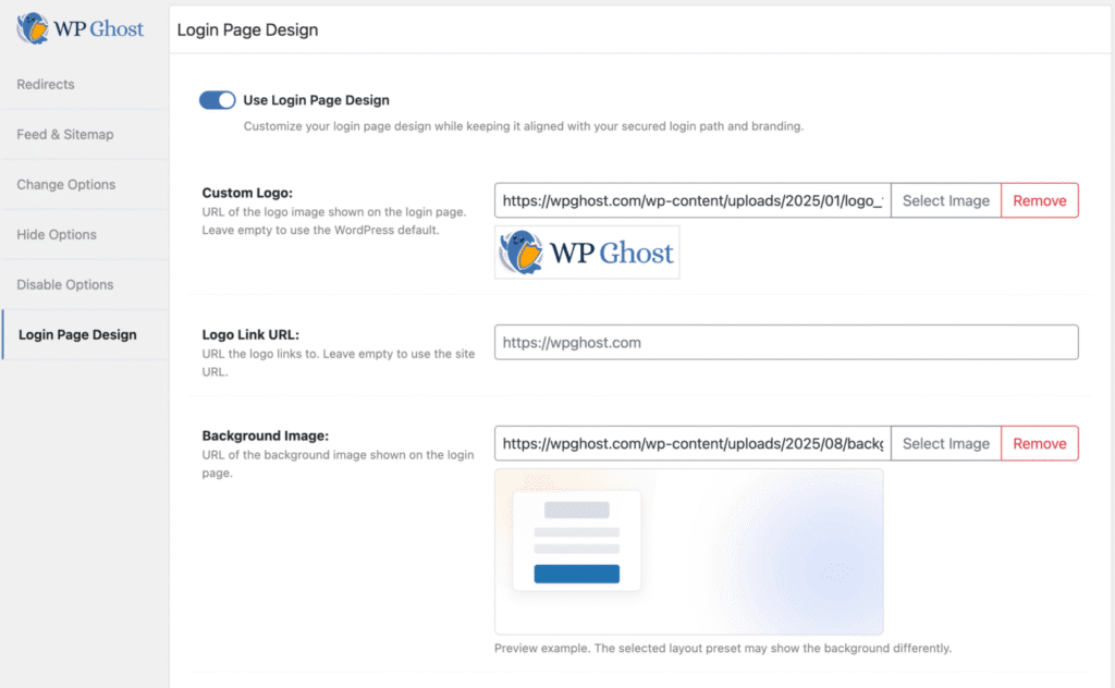 WP Ghost Login Page Design activation toggle and customization options