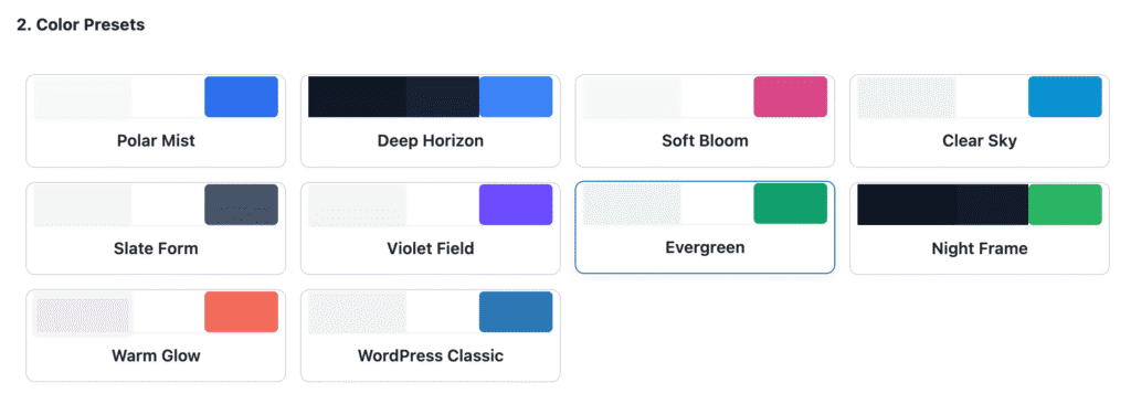 WP Ghost login page color presets - Polar Mist, Deep Horizon, Soft Bloom, Night Frame, Evergreen
