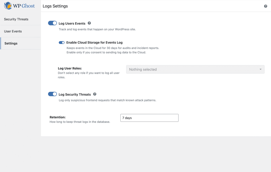 WP Ghost Logs Settings panel showing Log Users Events toggle and Cloud Storage option