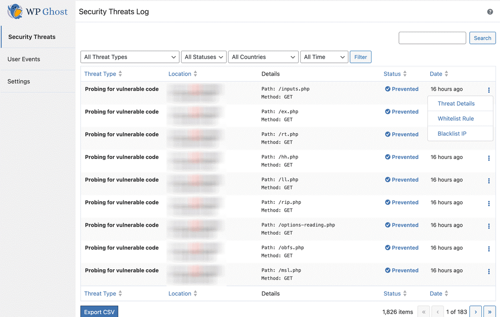 Reading the Threats Report showing the list of threats prevented