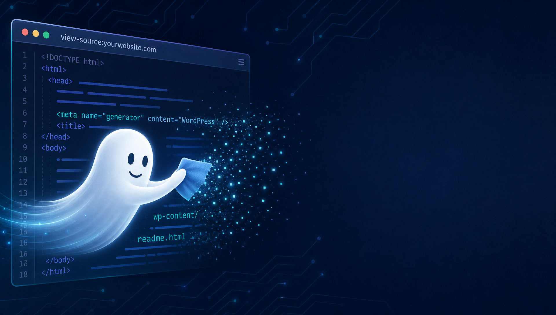 A ghost mascot erasing WordPress footprints — the wp-content path, readme.html file, and meta generator tag, from a website's source code, illustrating footprint removal that hides the site from automated scanners