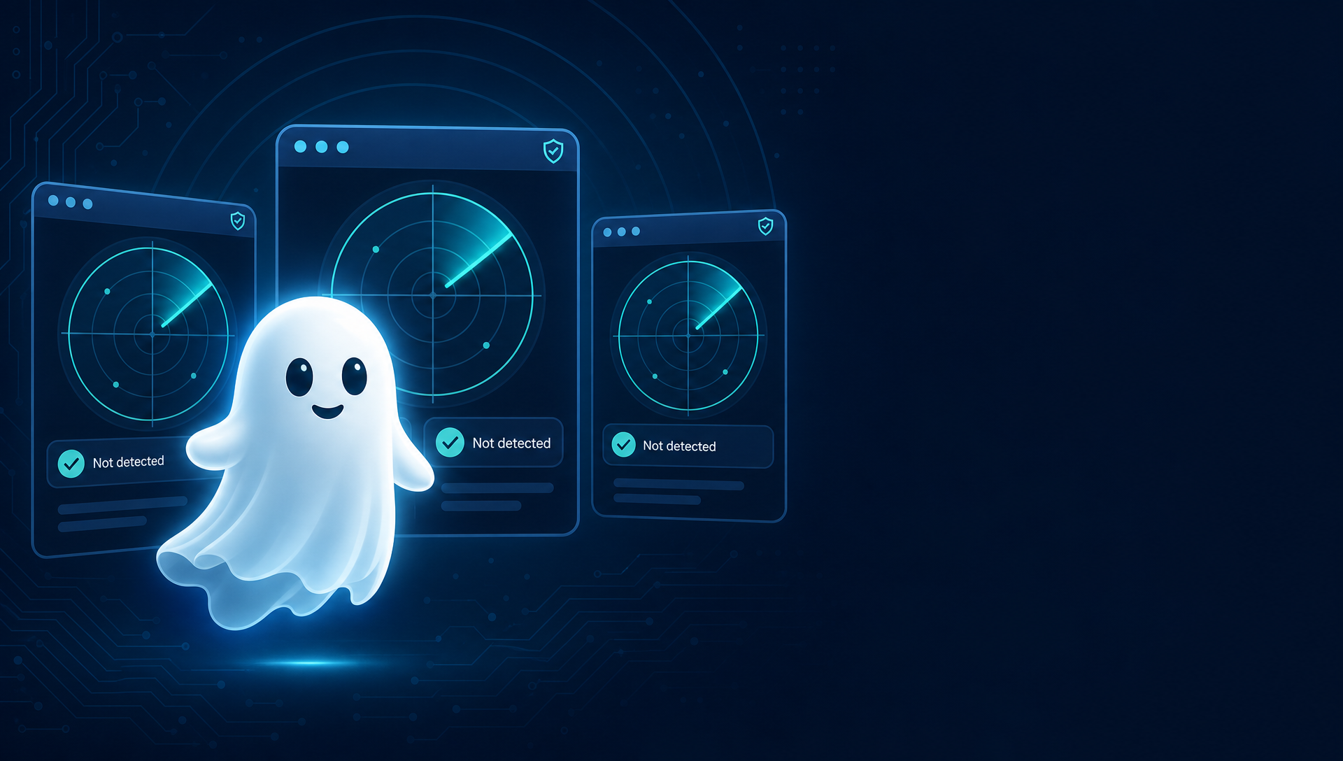 A ghost mascot standing before three website-technology detector screens that all return a blank result, illustrating how anti-fingerprinting hides WordPress from Wappalyzer, BuiltWith, and CMS scanners.