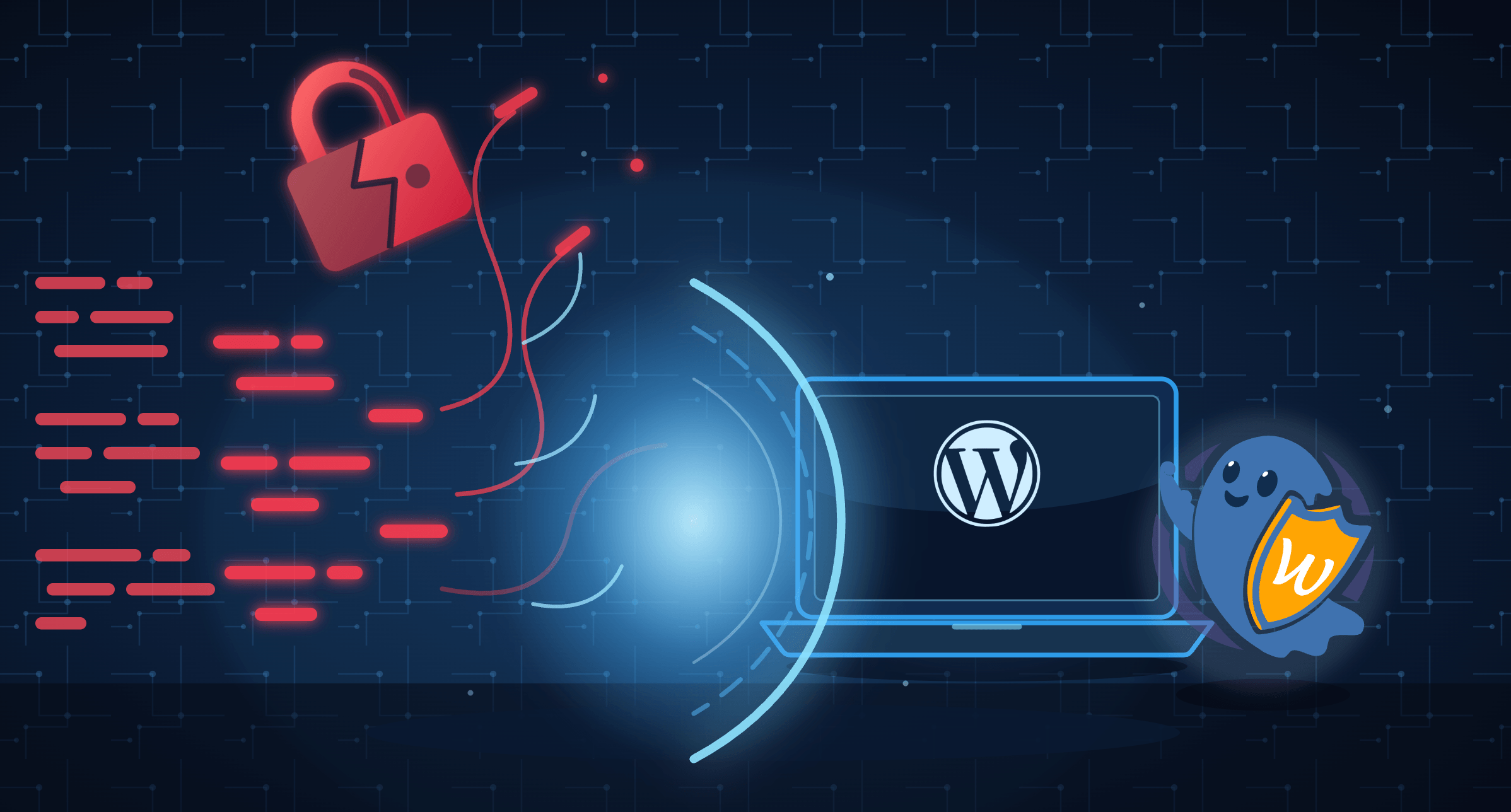 Shield and Hide My WP Ghost mascot protecting a WordPress site from the WP2Shell (CVE-2026-63030) remote code execution attack.