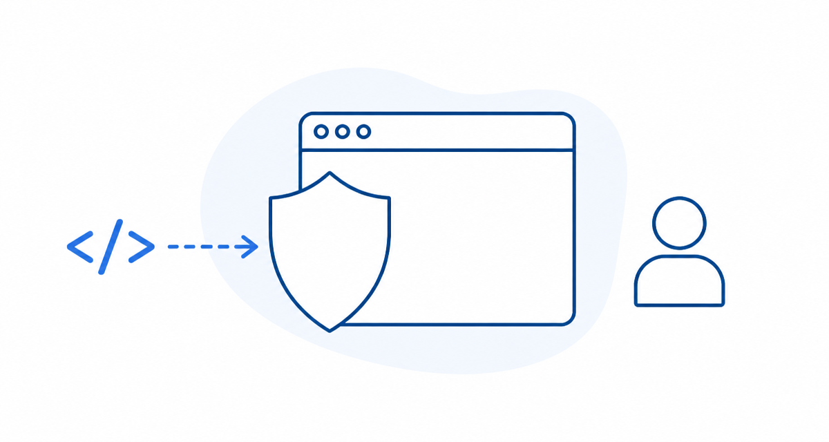 A malicious script blocked by a shield before it reaches a website visitor's browser