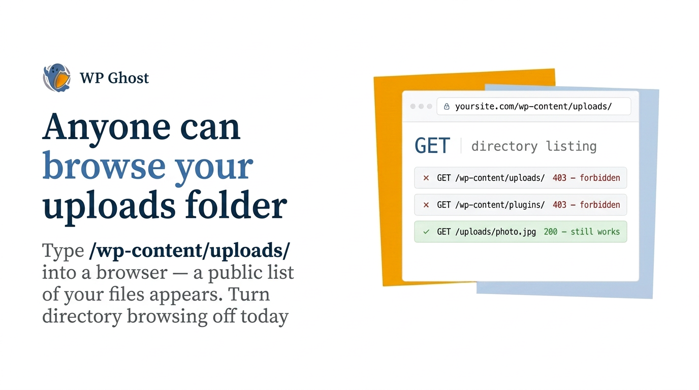 An exposed WordPress uploads folder listing files next to a secured folder returning a 403 error