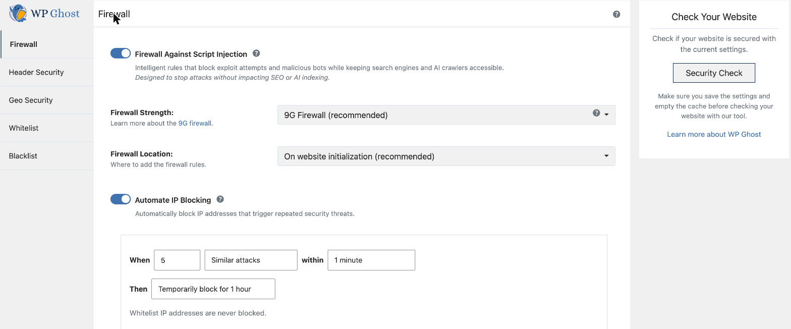 The Firewall & Headers panel in WP Ghost, with Firewall Strength set to 9G Firewall.