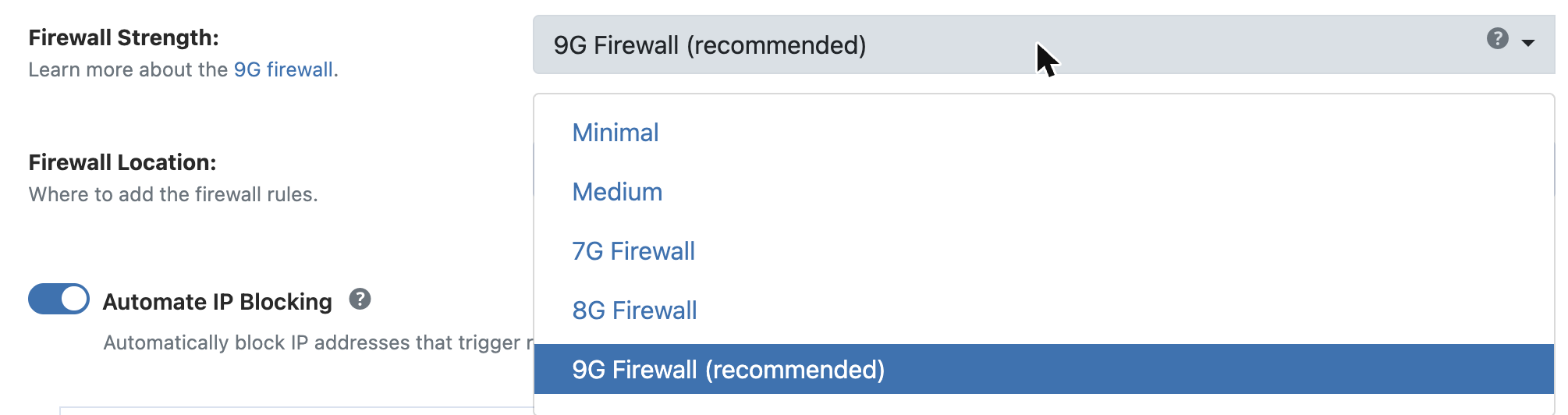 The Firewall Strength dropdown showing Minimal, Medium, 7G, 8G, and 9G Firewall.