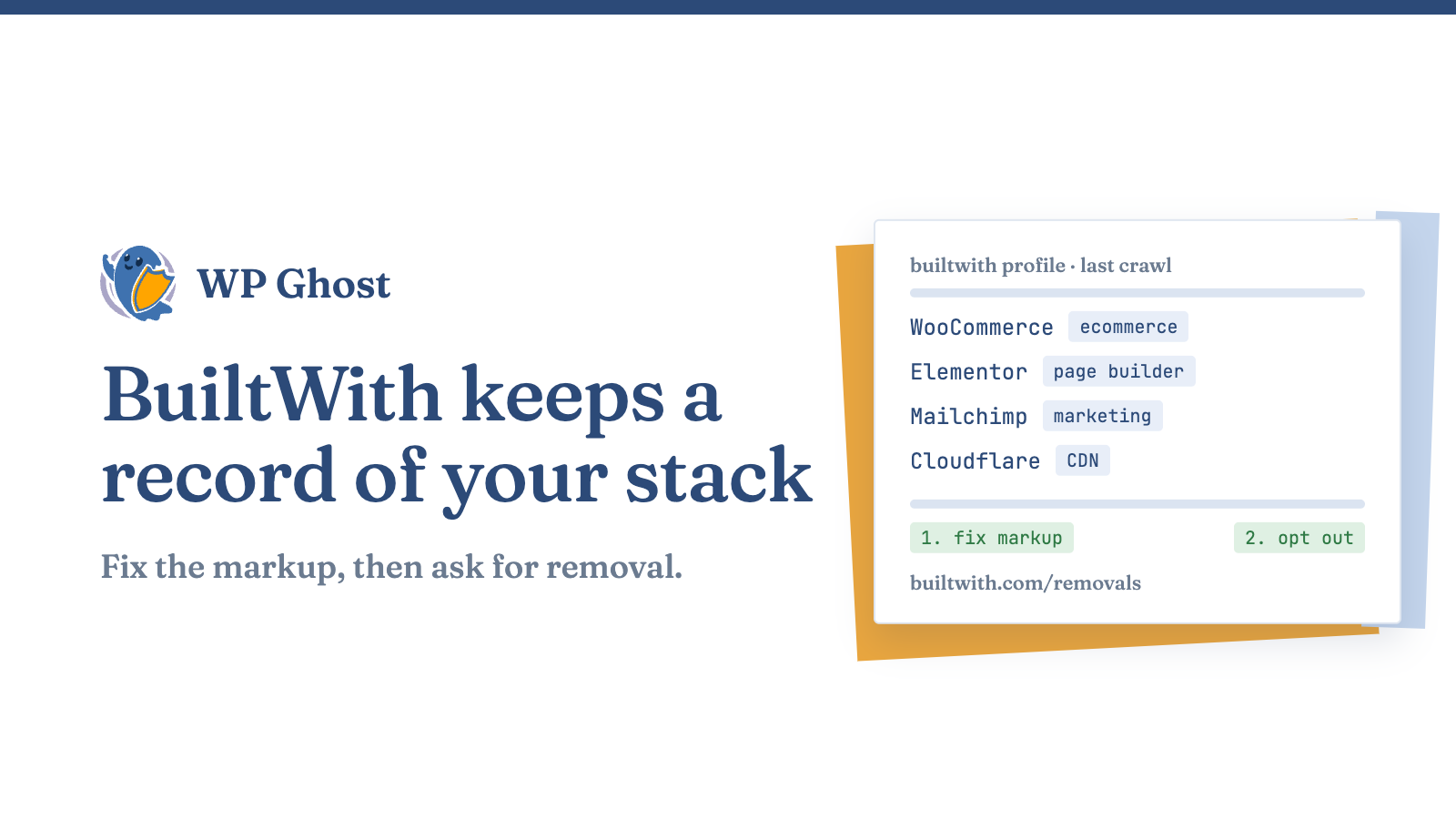 BuiltWith profile card listing detected technologies, with two steps: fix markup, then opt out