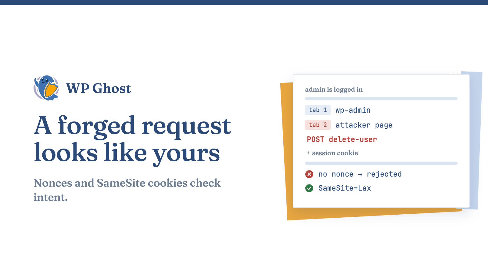 Card showing a forged request from a second tab rejected without a nonce