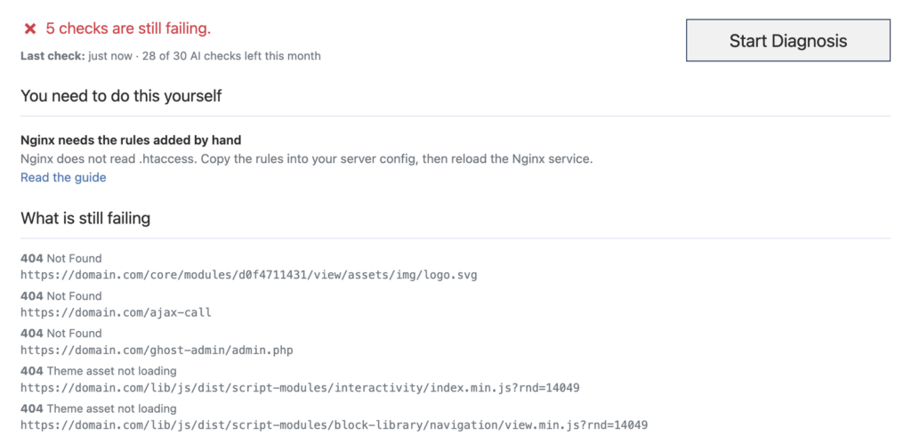 Ghost Doctor separates what you must do yourself from what it can repair. Here the Nginx config is the root cause, and every failing URL is listed by name.